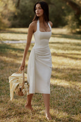 White Halter Neck Cotton Midi Dress
